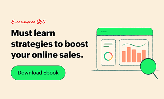 Illustration promoting an e-book about e-commerce SEO strategies to boost online sales, featuring a website analytics dashboard with graphs and charts, alongside a prominent green 'Download Ebook' button